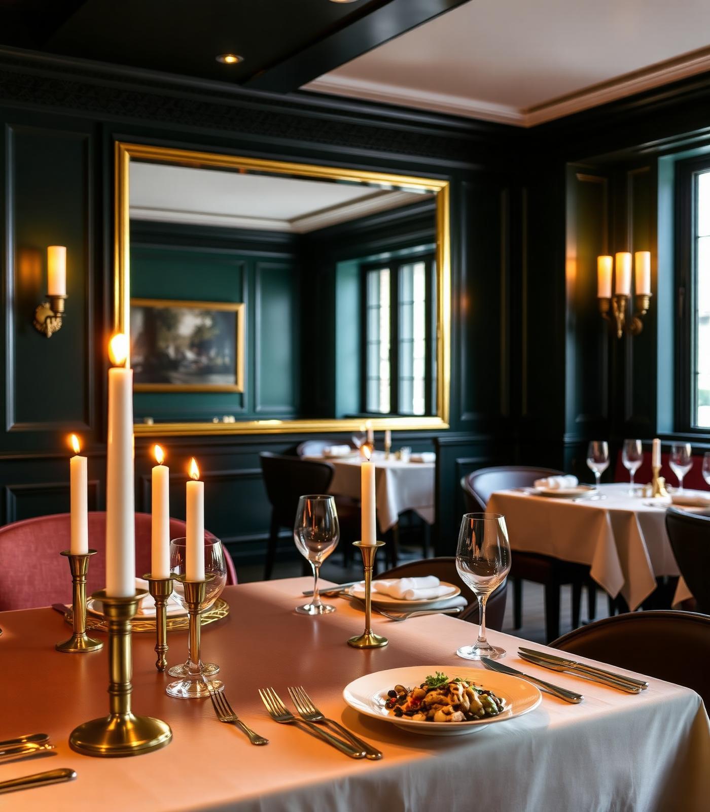 Fine dining table set with candlelight