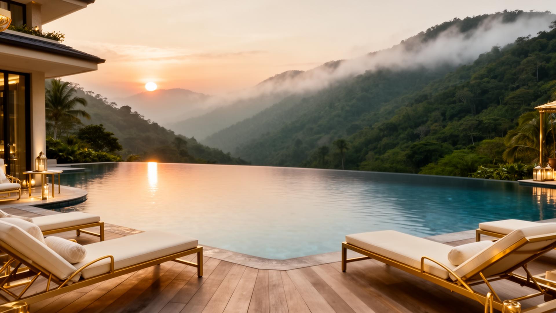 Infinity pool at sunset overlooking misty hills